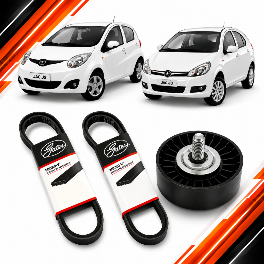Imagem Kit Correias Micro V Alternador Direção + Polia Jac J2 J3 Turin 1.4 16v 2012 2013 2014 2015