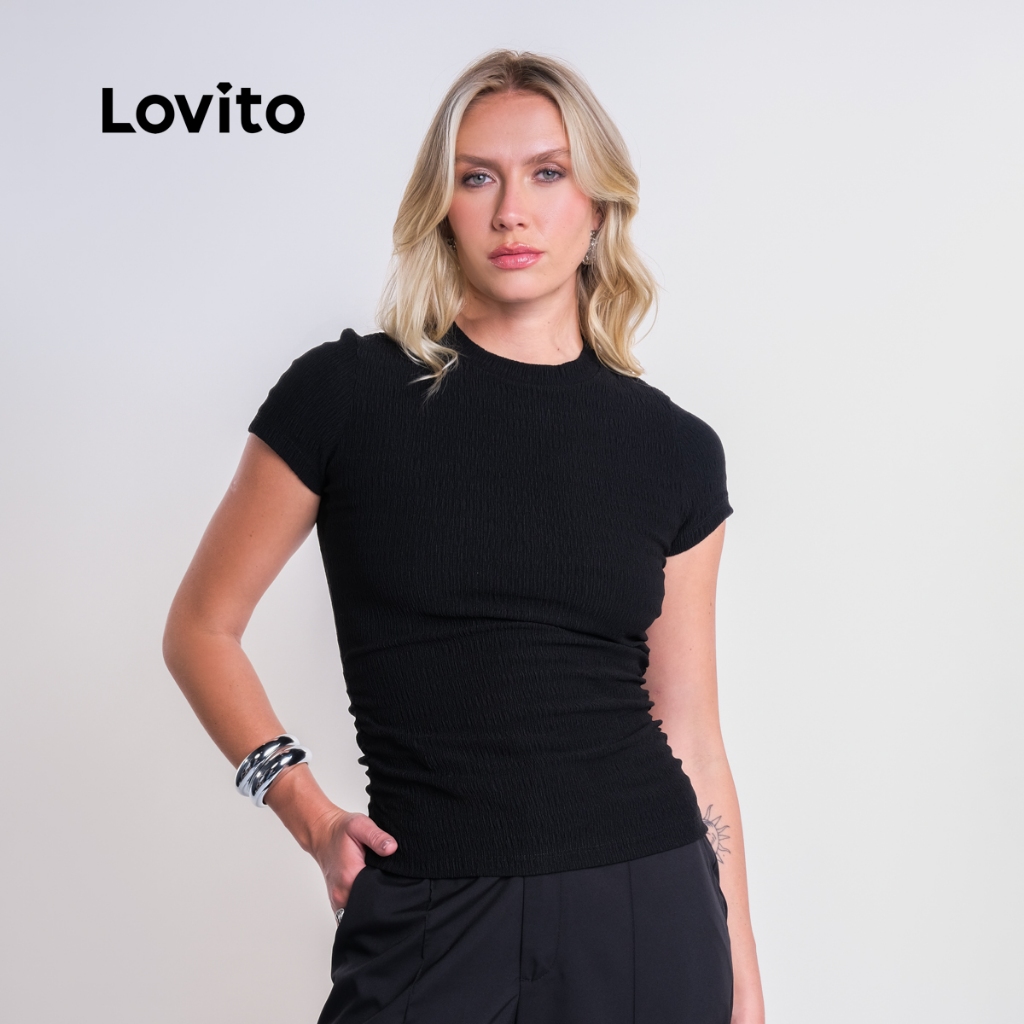Lovito Blusa Casual Feminina com Manga Curta e Franzidos Laterais BLB15561586