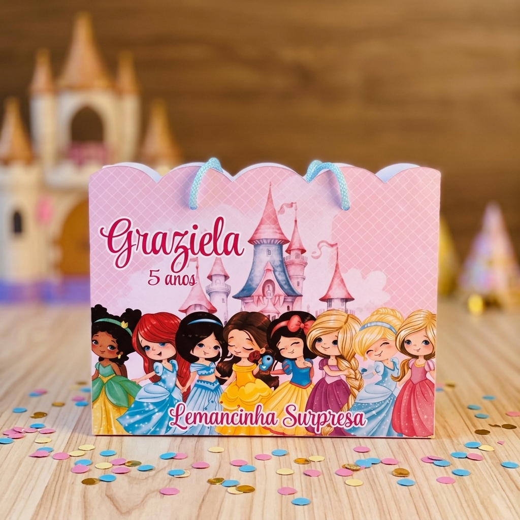 🎀 Sacolinha Personalizada PRINCESAS CUTE- Lembrancinha - Festa Infantil  + Nome e Idade + Diversos Temas - Pegue e Monte
