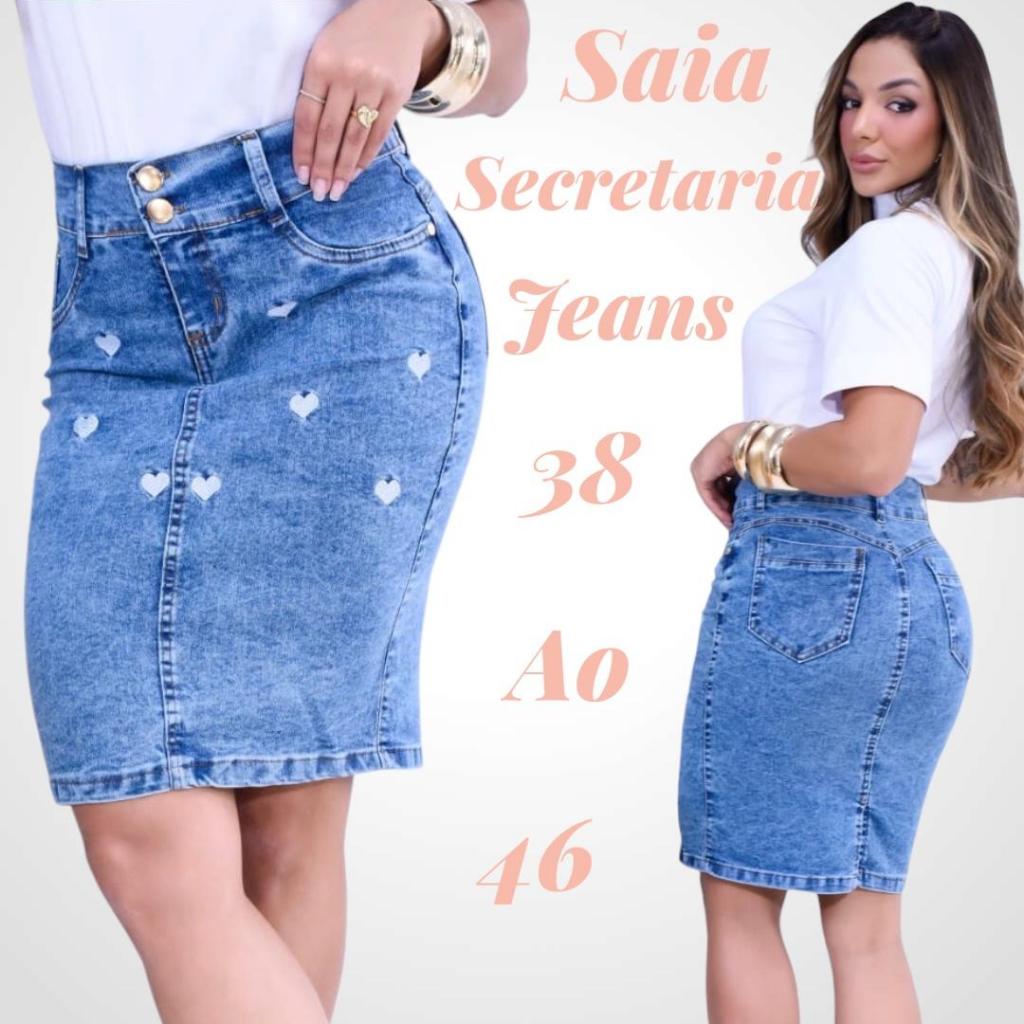 Saias Jeans Secretaria Bordada Coração Bolso Reta Elastano Moda Evangelica Crista.