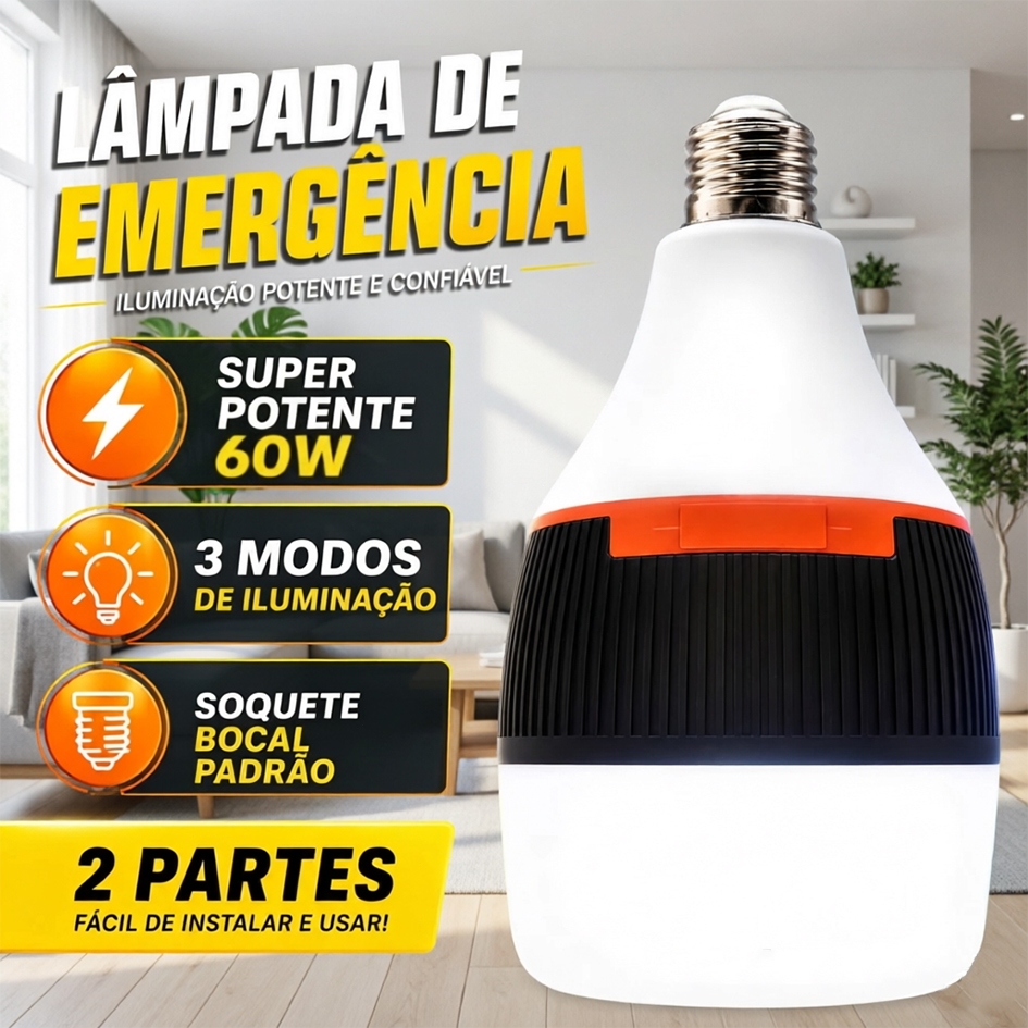 Lâmpada LED Emergência 60W/50W Super Forte - 3 Modos de Luz, Bivolt Automático e Recarregável para Casa e Trabalho