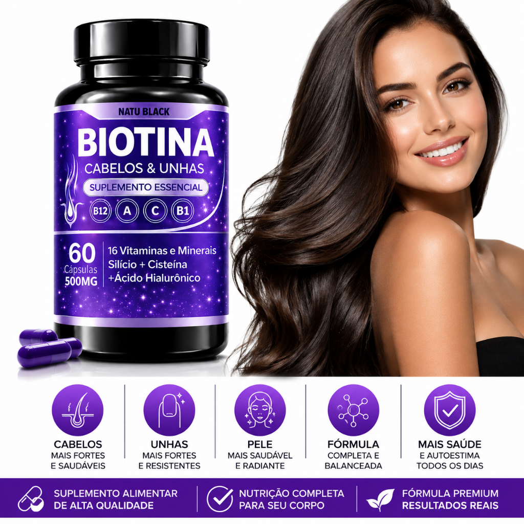 Biotina Pura Cabelos Unha e Pele com Ácido Hialurônico - ENVIO IMEDIATO