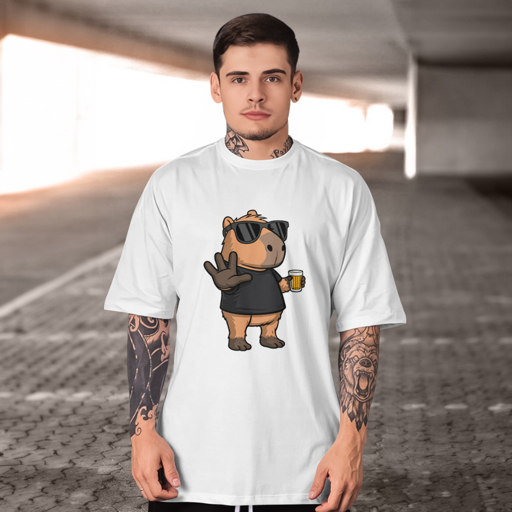 Camiseta Masculino Capivara estilosa com bebida estampada Tecido Confortável e Durável 100% Algodão Moda 2026
