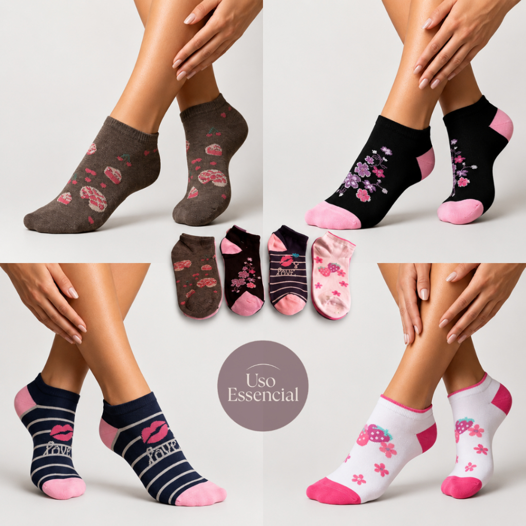 Kit 6 ou 12 Pares Meia Soquete Feminina Adulto Estampada Cano Curto Confortável Macia