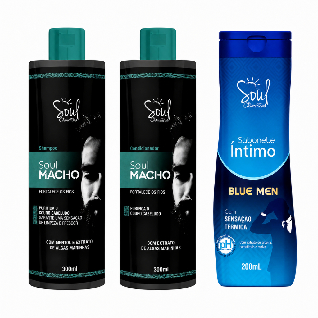 Kit Masculino Soul Macho Shampoo Condicionador Sabonete Intimo