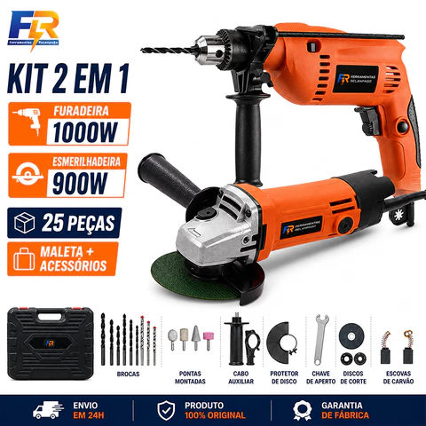 Kit 2 em 1 Furadeira Parafusadeira 1000W + Esmerilhadeira Lixadeira 900W 25 Peças, Maleta e Acessórios Completos