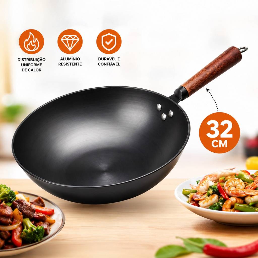 Imagem Frigideira Antiaderente Wok Profissional 32cm Panela de Yakissoba C/ Cabo de Madeira