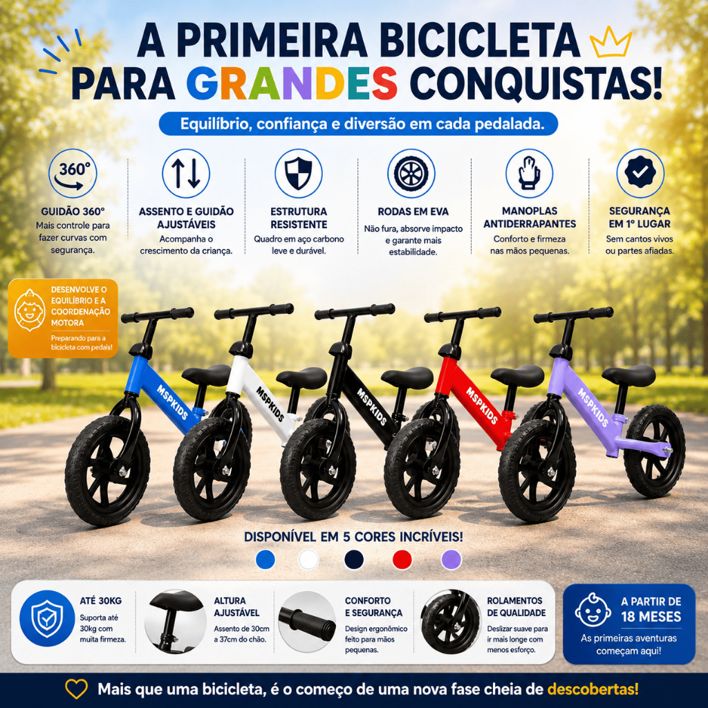 Bicicleta  Balance Infantil Equilíbrio Criança Seguro Forte Desenvolvimento Coordenação Motora