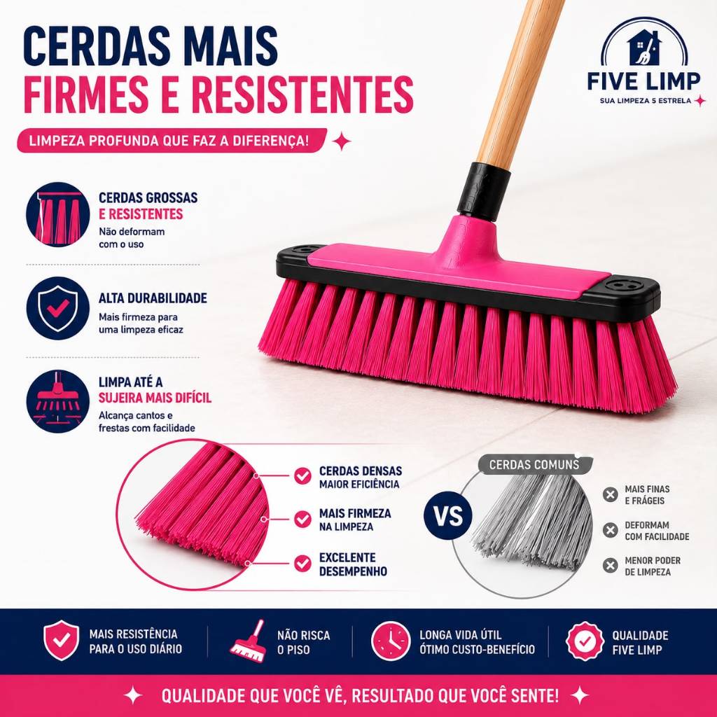 Esfregão Vassoura Cerdas Firmes e Resistentes Limpeza Pesada Cores Sortidas com Cabo