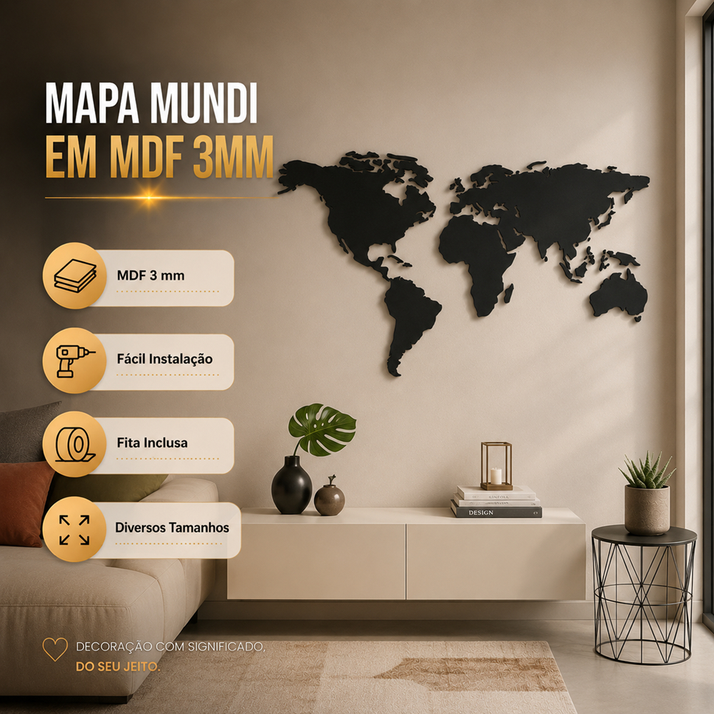 Mapa Múndi Decorativo em MDF 3mm para Parede Sala Escritório Quarto com Fita Dupla Face
