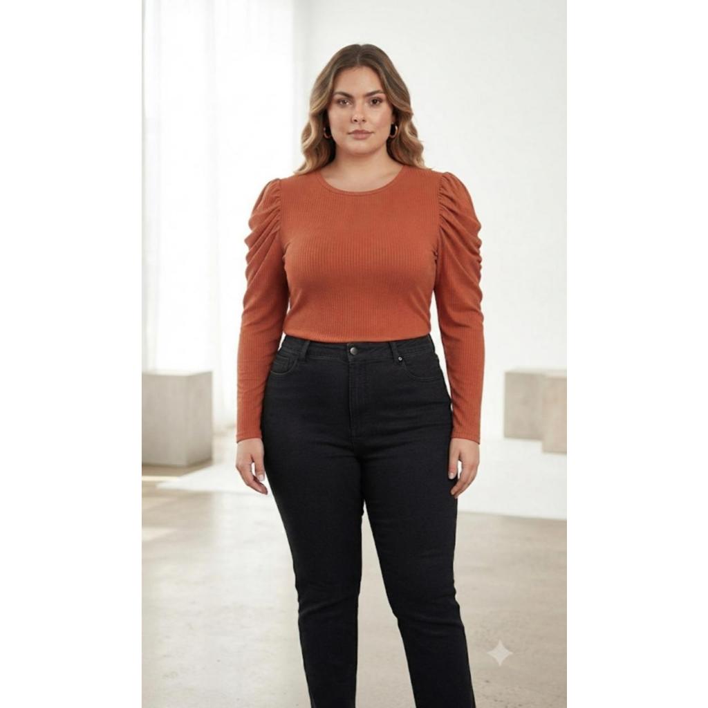 BLUSA  Feminina Canelada MBluanga Longa Bufante Gola Redonda Casual Elegante