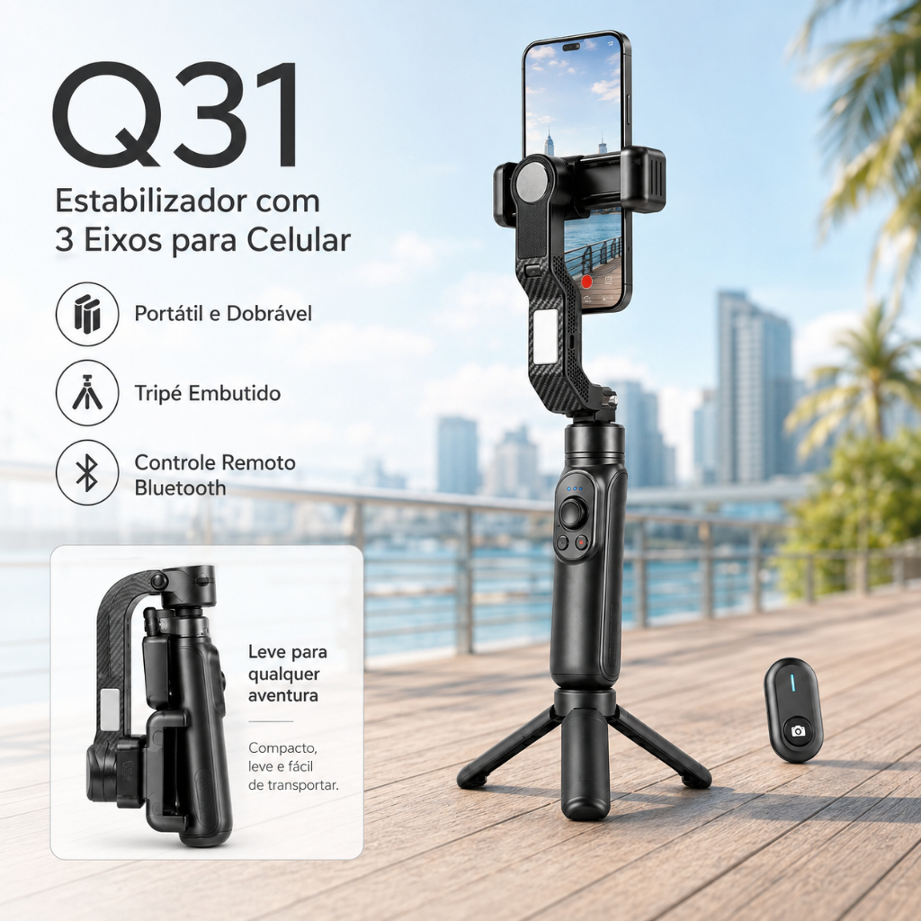 Gimbal Estabilizador IA Celular 101cm Bastão Selfie Tripé Dobrável Luz LED Controle Bluetooth 5.2