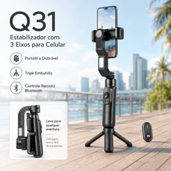 Gimbal Estabilizador IA Celular 101cm Bastão Selfie Tripé Dobrável Luz LED Controle Bluetooth 5.2