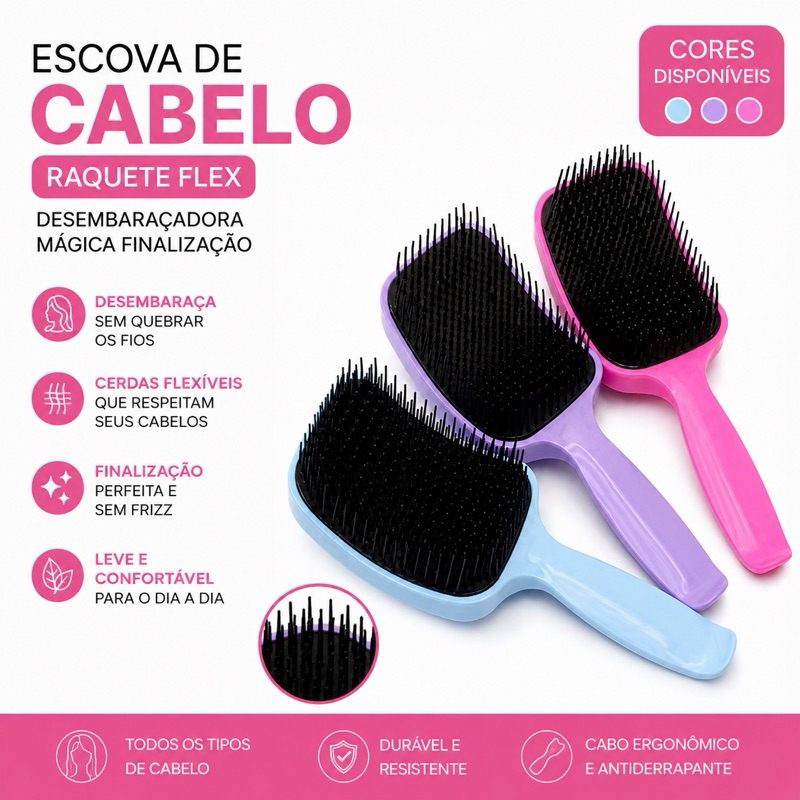 Escova de Cabelo Almofadada Raquete Desembaraçante Preta