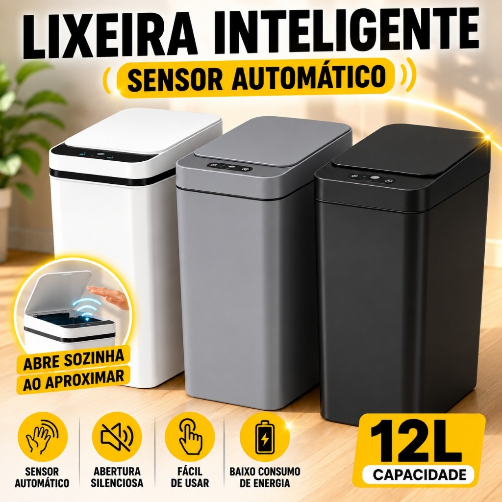 Lixeira Inteligente 12L Sensor Infravermelho Compacta Moderna Para Banheiro Cozinha