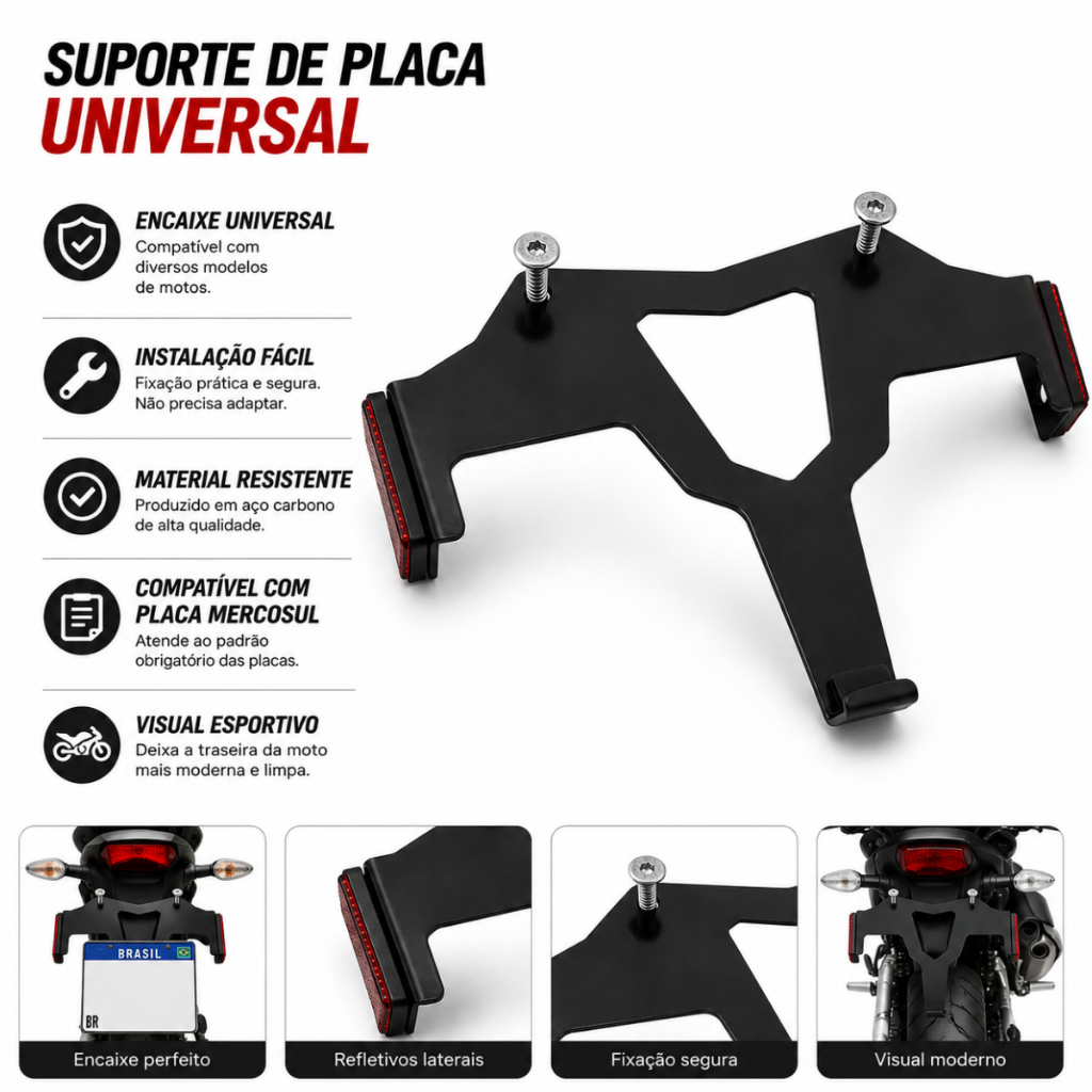 Suporte de Placa Universal Modelo Tiger 900 Mercosul Com Olho de Gato Titan Fan XRE Fazer YBR · foto 2