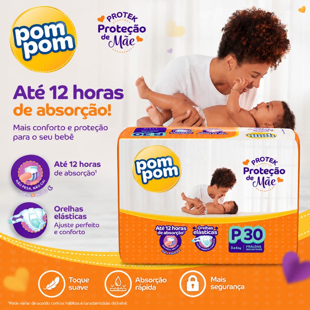 Fralda Pom Pom Protek Proteção de Mãe Jumbo P com 30un