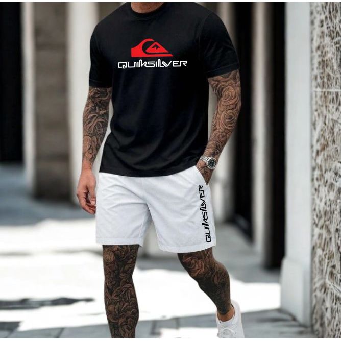 Conjunto Kit Camiseta + Short Estiloso Camisa 100% Algodão Bermuda Tactel Estampado Esporte Academia Surf