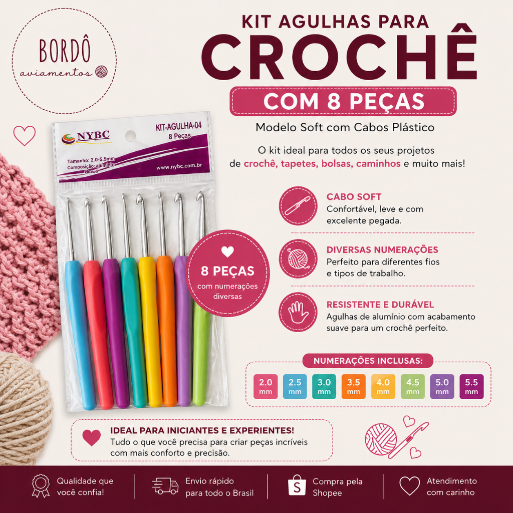 Kit 8 Agulhas de Crochê Cabo Ergonômicas NYBC 2,0 a 5,5 mm Coloridas Para Amigurumi Artesanato e Iniciantes