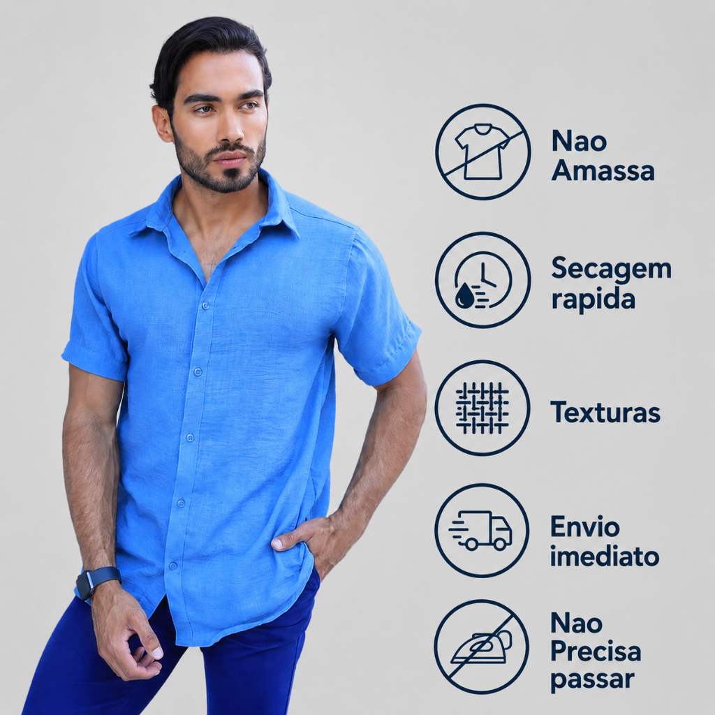 Camisa Masculina Texturizada Não Amassa Manga Curta Social Pronta Entrega Dia dos Pais