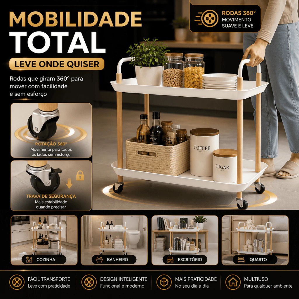Carrinho Organizador Multiuso 2 Prateleiras Branco Cozinha Banheiro Lavanderia Escritório Resistente