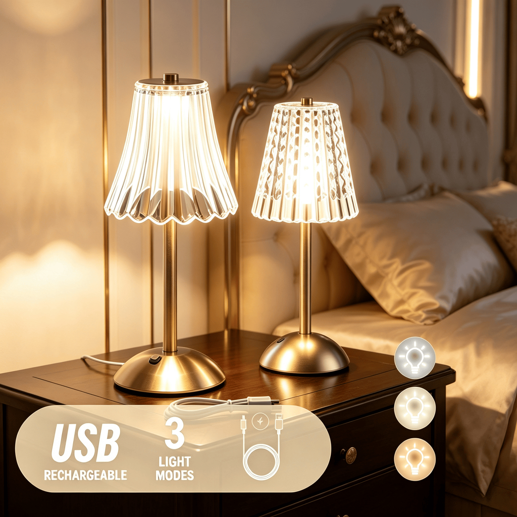 Luminária de Mesa 3 Tons Abajur Cristal Candeeiro Cabeceira LED Recarregável Decoração Sala Quarto