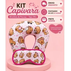 Travesseiro de Pescoço e Tapa Olho para Dormir Confortável Kit Viagem Capivara