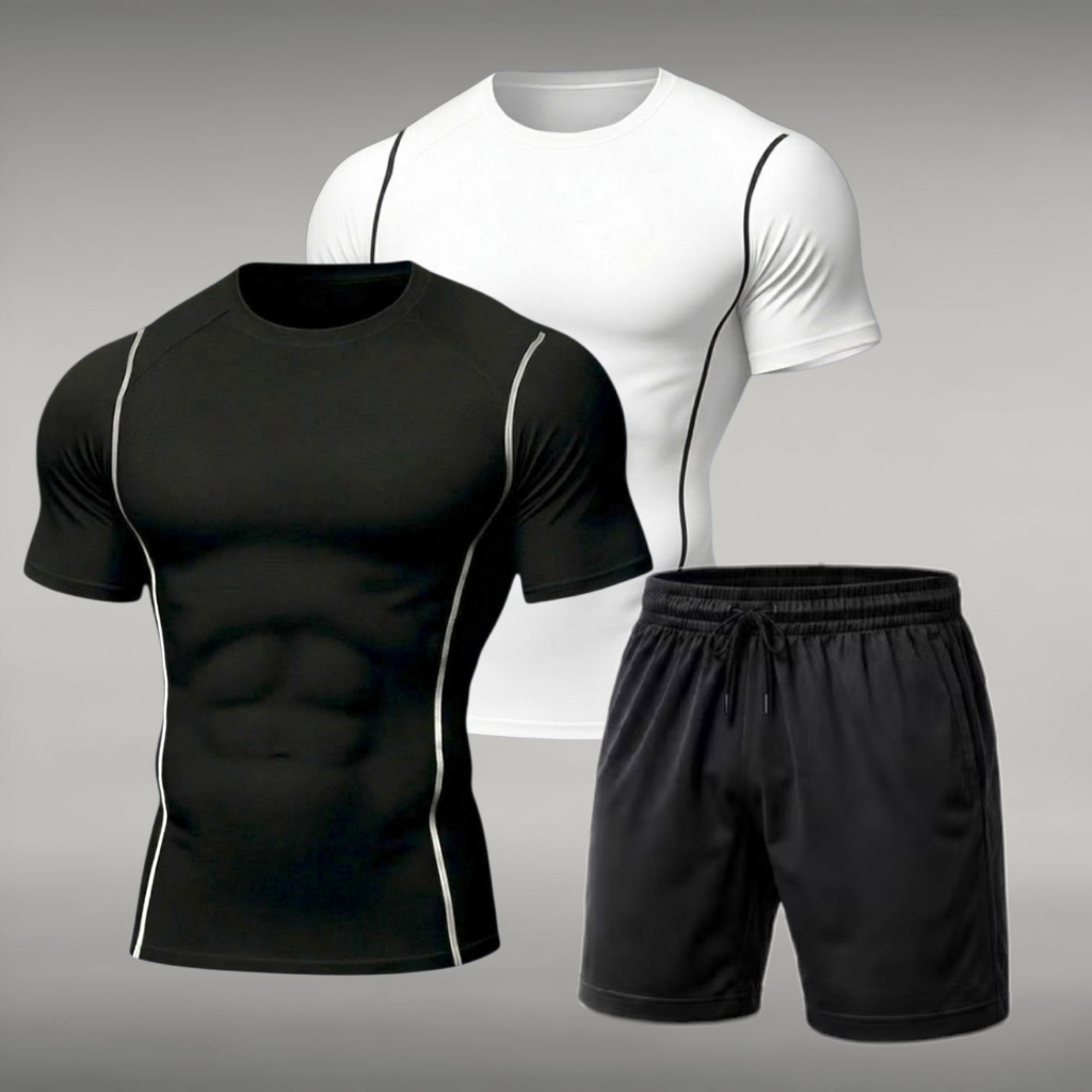 Kit Camiseta de Compressão + Short com Bolsos Dry Fit Masculino Academia Treino Corrida