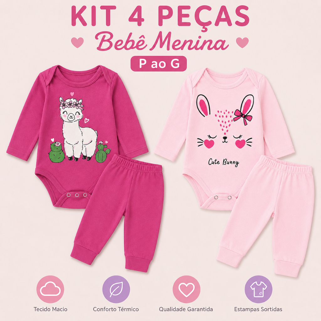 Kit 4 Peças Inverno Bebê Menina P ao G | 2 Bodies Manga Longa + 2 Calças | Macio, Estampas Sortidas Ela: