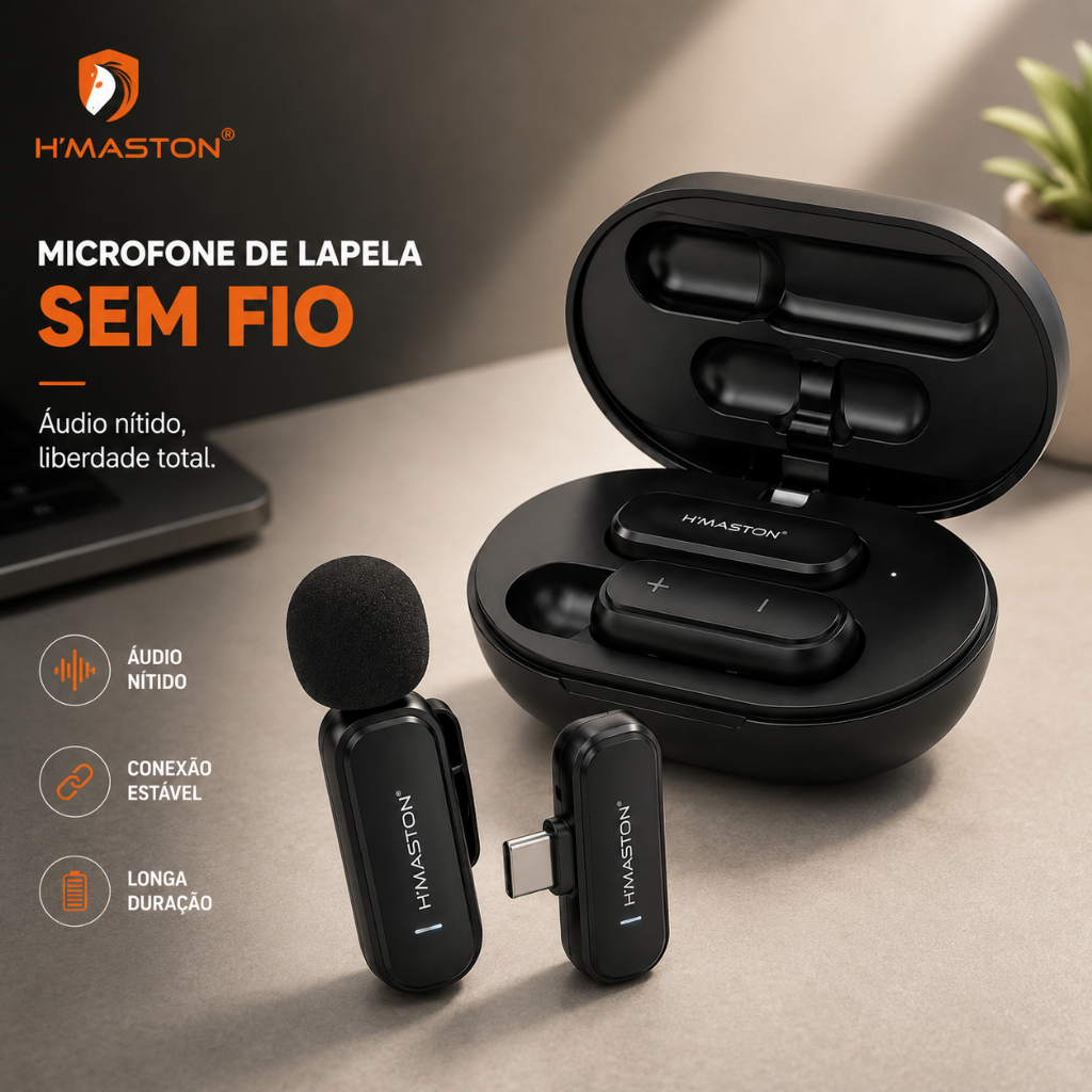 Microfone Sem Fio Lapela Profissional para iPhone e Android Áudio Limpo Plug & Play H’Maston MK05/MK06