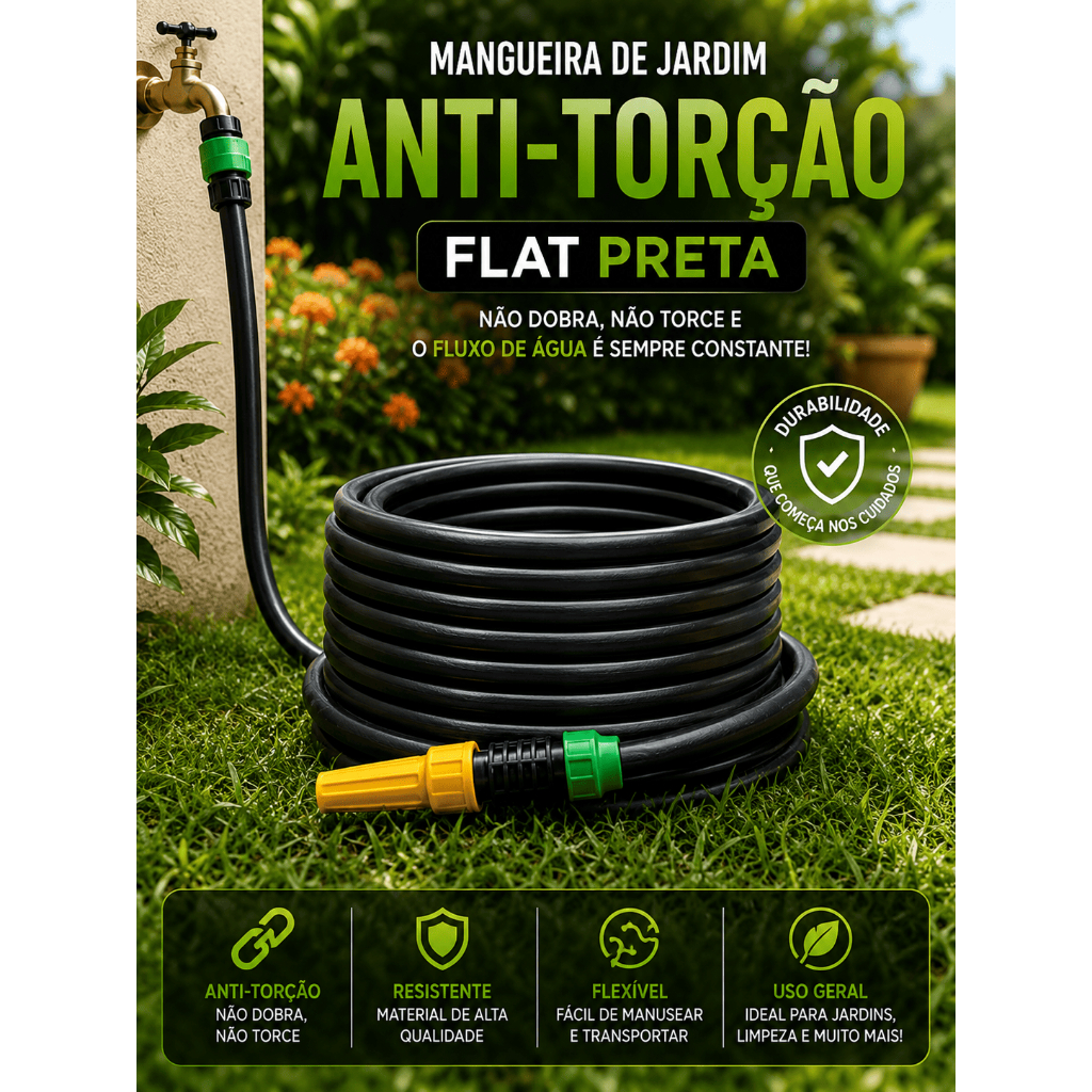 Mangueira para Jardim Preta Reforçada Resistente Antitorção Flexível para Irrigação Lavagem de Quintal e Uso Doméstico