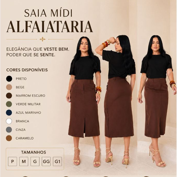 Saia Mídi feminina Alfaiataria Premium Moda Evangélica Casual Con Cinto Bolsos Frontais Estilosa luxo Festa
