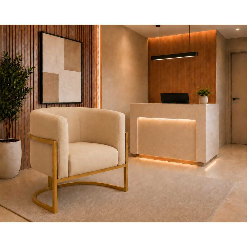 Poltrona Luna Decorativa Base de Ferro Dourada Veludo Promoção