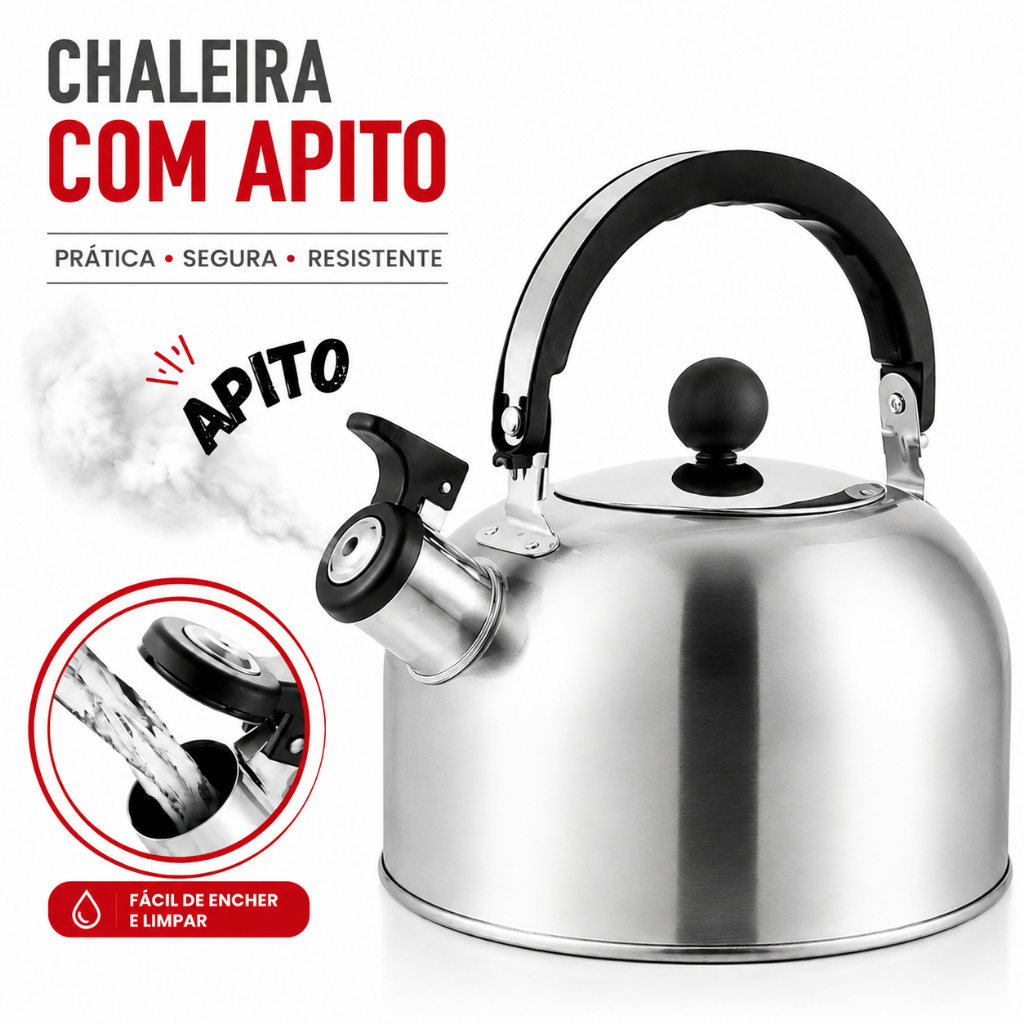 Chaleira aço Inox com Apito Ferve Rápido Fogão Gás Indução Elétrico