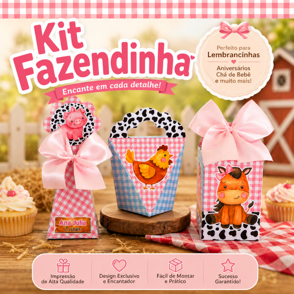 Kit Festa de Papelaria Personalizada Fazendinha Rosa Caixas Caixinhas para Lembrancinhas