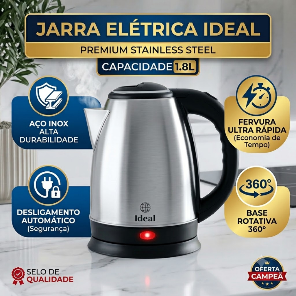 Chaleira Elétrica Inox 1.8L Rápida Jarra Elétrica 110V ou 220V 1500W Prática Café Chá Bule Cozinha