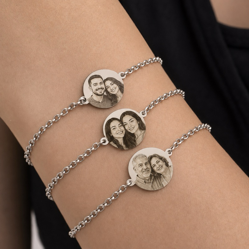 Pulseira Personalizada com Foto, Frases, Nomes no aço inoxidável prata