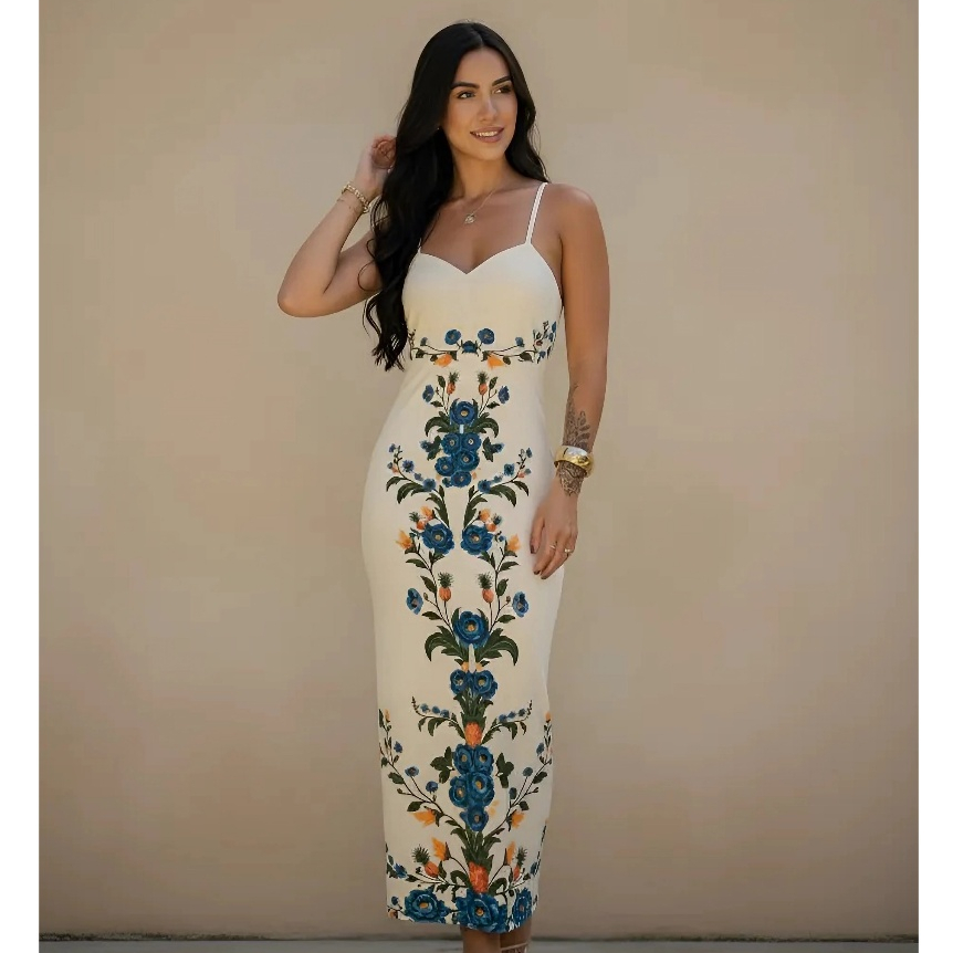 Vestido Soltinho Canelado Florido Longuete Estampado Forrado Verão Alça Regulável