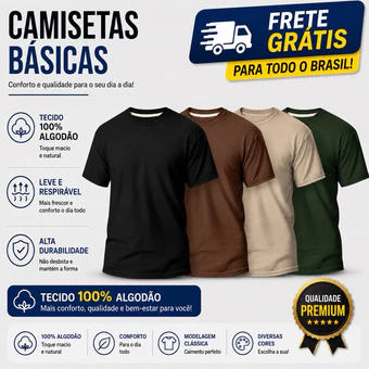 Kit 4 Camiseta Masculina 100% Algodão Básica Varias Cores Lisa Gola Redonda Camisa
