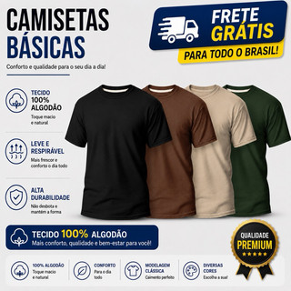 Kit 4 Camiseta Masculina 100% Algodão Básica Varias Cores Lisa Gola Redonda Camisa