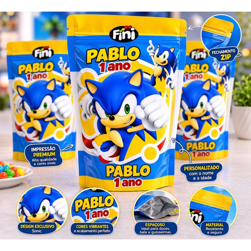 Saquinho Zip Personalizado Sonic | Lembrancinha Aniversário Infantil | Embalagem para Doces | Nome e Idade Personalizado