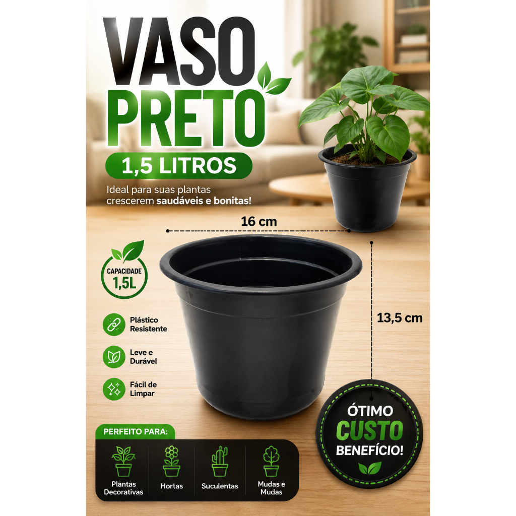 Vaso de planta preto feito de plastico