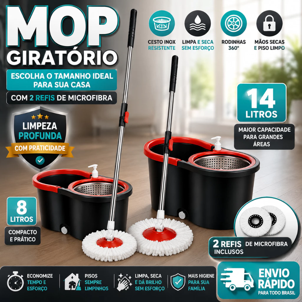 Mop C/ cabo de 140 cm + 2 Refis - Rodinhas e Cesto Em Inox - Balde Centrífuga - CH — imagem 1