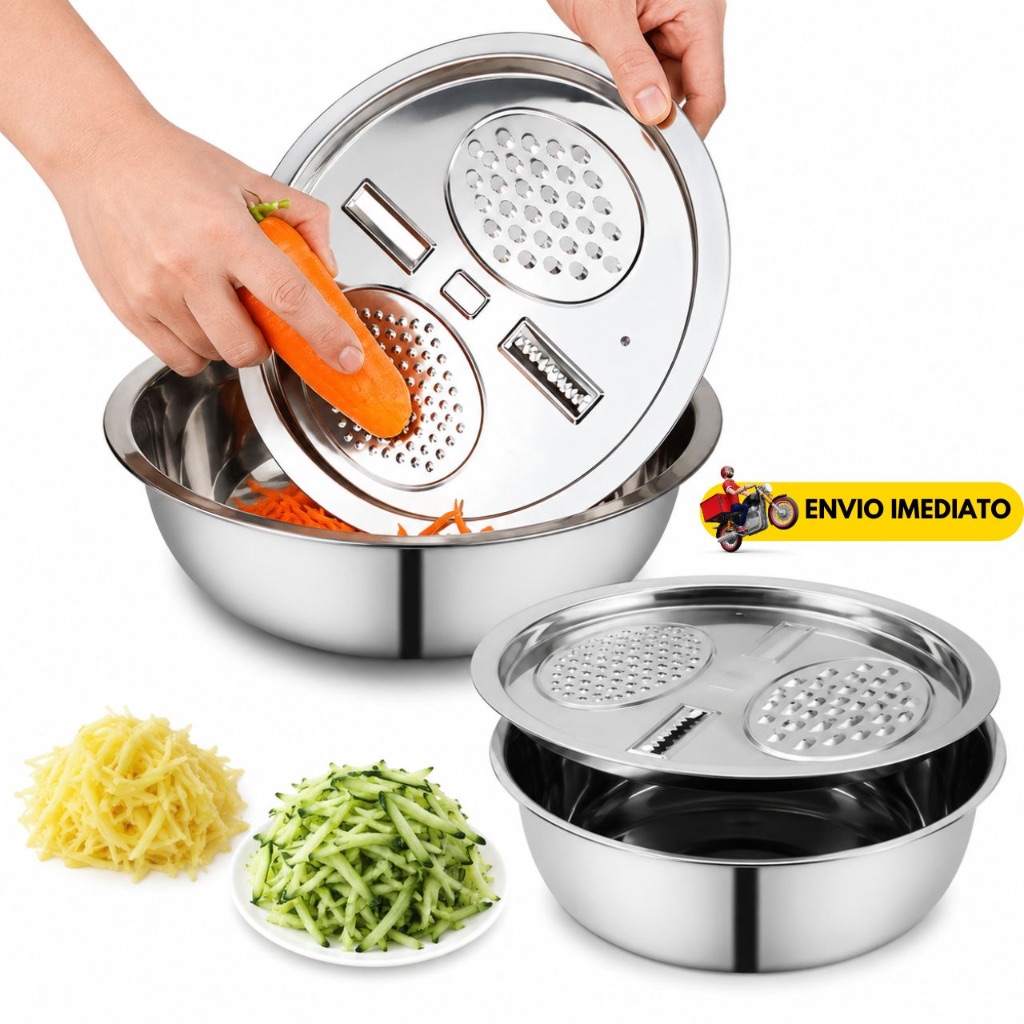 Ralador Fatiador de Legumes com Tigela Aço Inox Multifuncional Bacia 3 em 1 Ralador Queijo Cozinha Prática Manual Inox