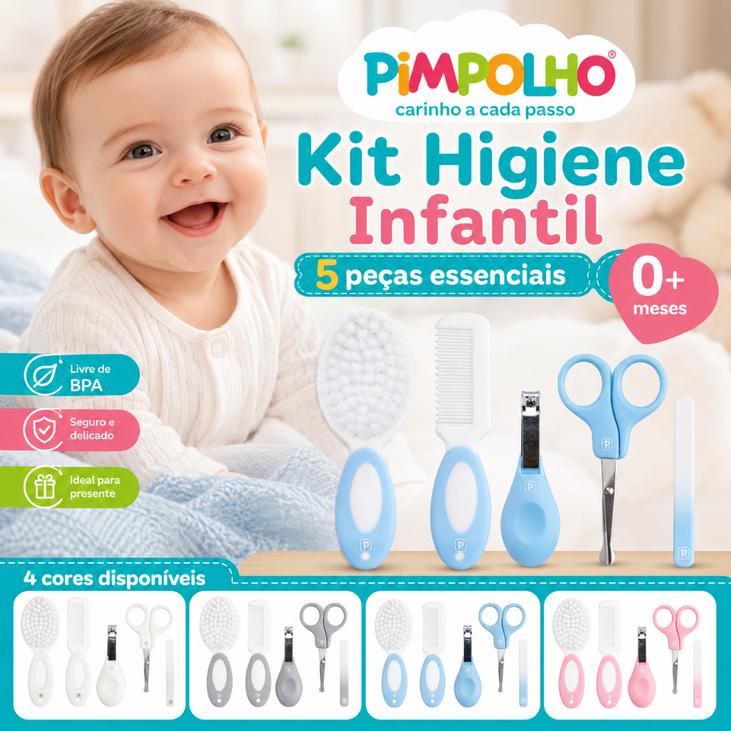 Kit Higiene Bebê Pimpolho 5 Peças Escova Pente Tesoura Cortador de Unha Lixa
