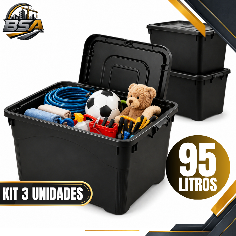 Kit 3 Unidades Caixa Organizadora 95 Litros Preta Com Rodinhas e Trava Para Transporte HeavyBox