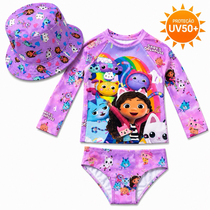 Conjunto Infantil Casa da Gabby Praia UV50+ 3 Peças Blusa Manga Longa, Calcinha e Chapéu Bucket Menina