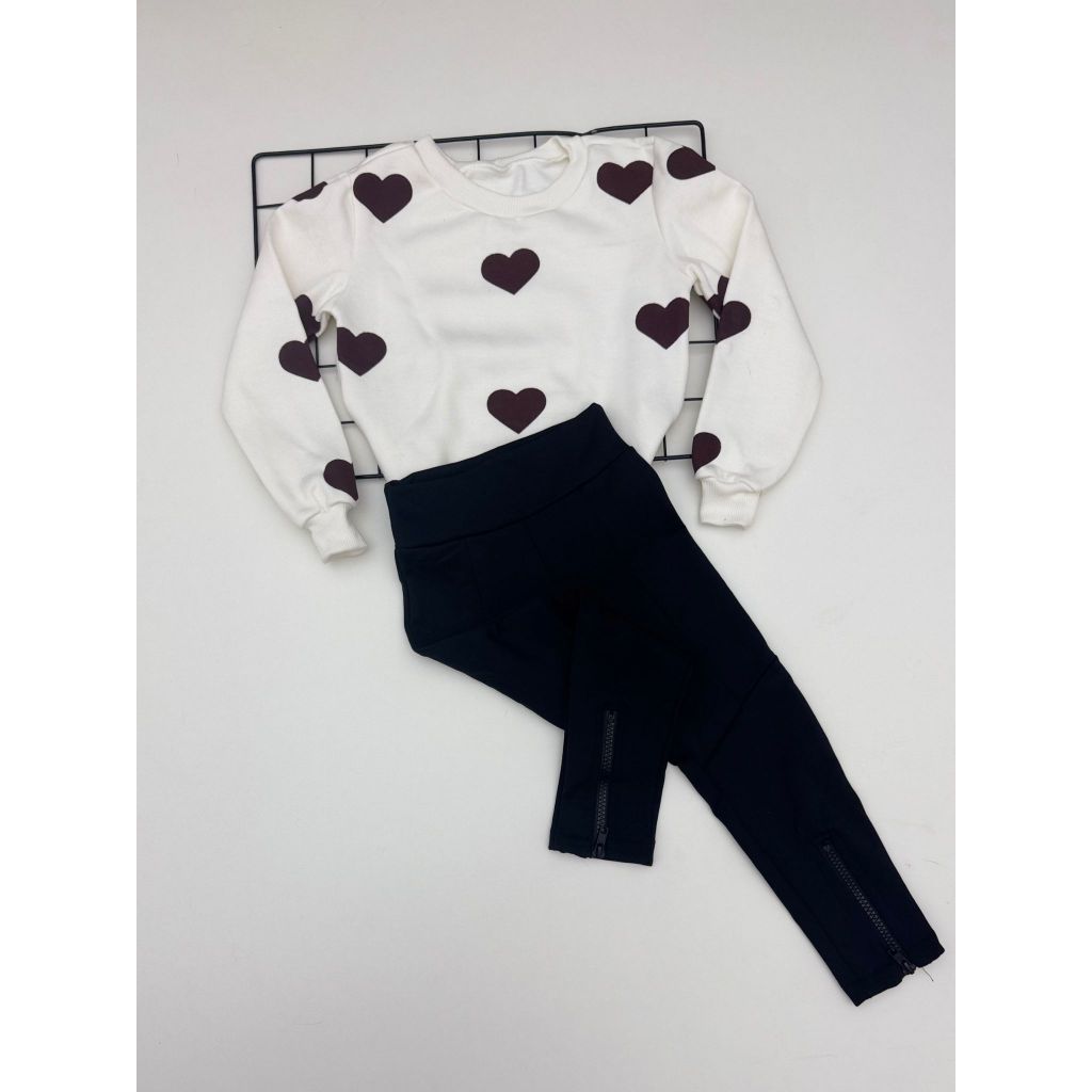 Conjunto Infanti moda feminina Moletom Corações Calça Legging Montaria  flanelada Moda Fashion Blogueirinha