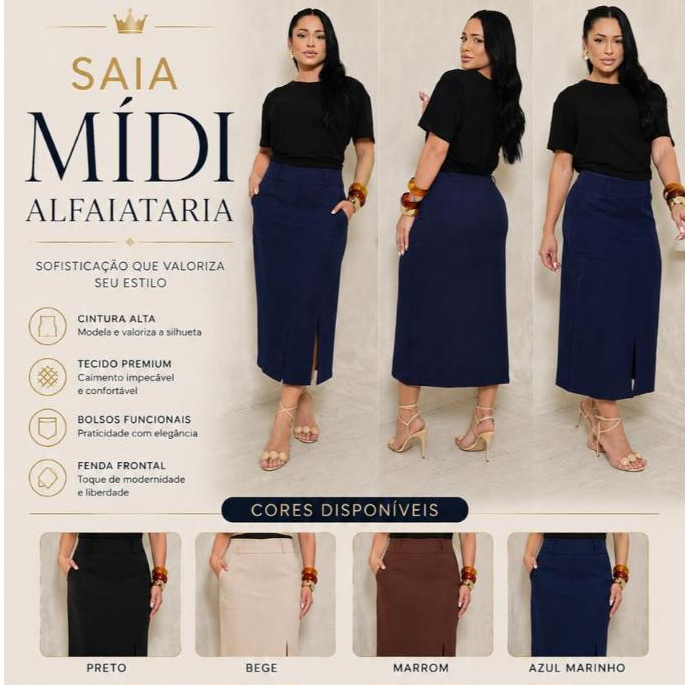 Saia Midi Alfaiataria Cintura Alta Cinto Bolsos Moda Feminina Evangélica Elegante Estilosa Luxo