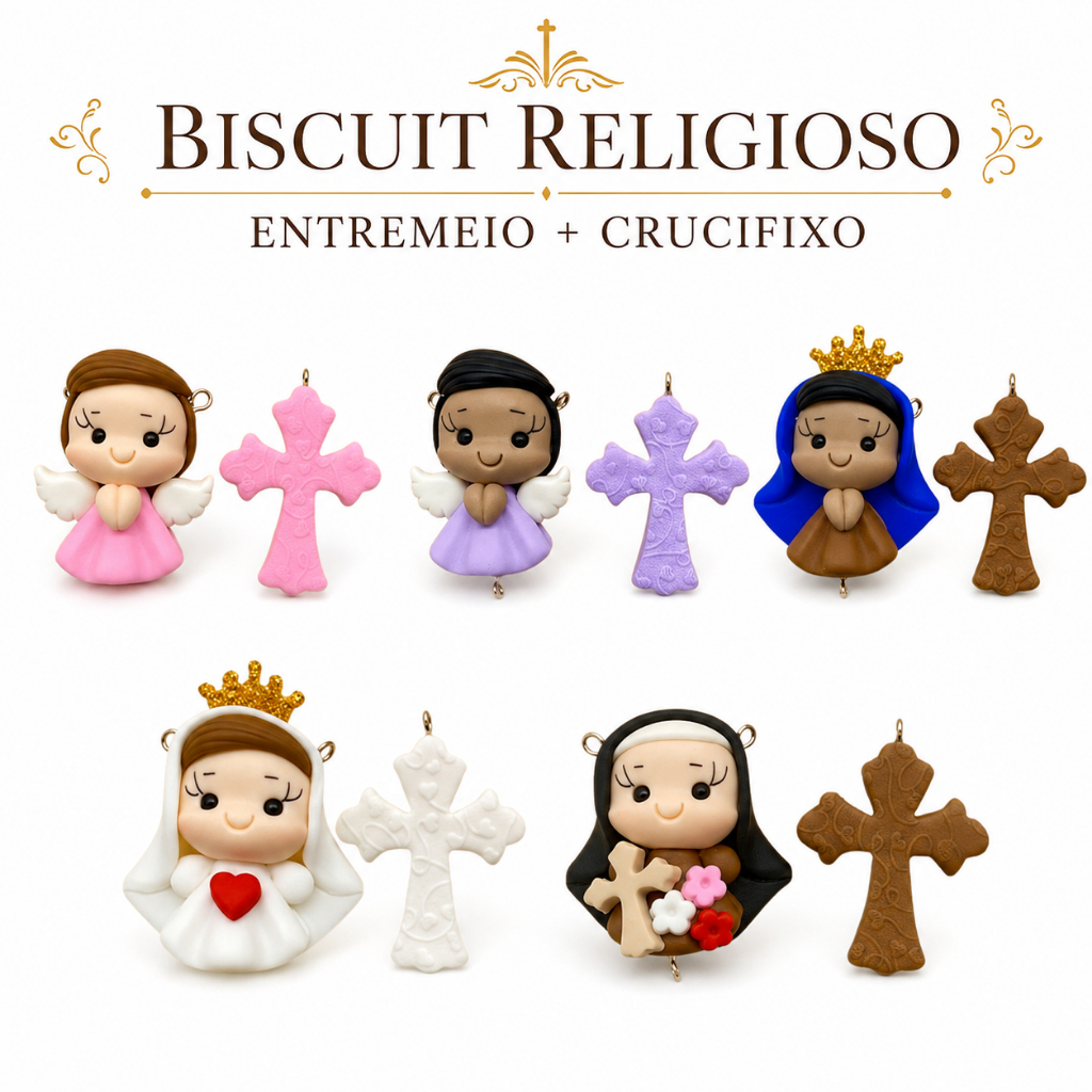 Kit Biscuit Entremeio e Crucifixo Rosário Espírito Santo para Artesanato Lembrancinhas Batizado Primeira Comunhão